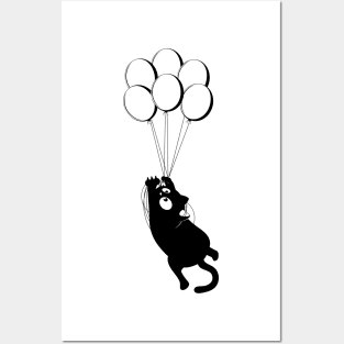 Black cat floating Posters and Art